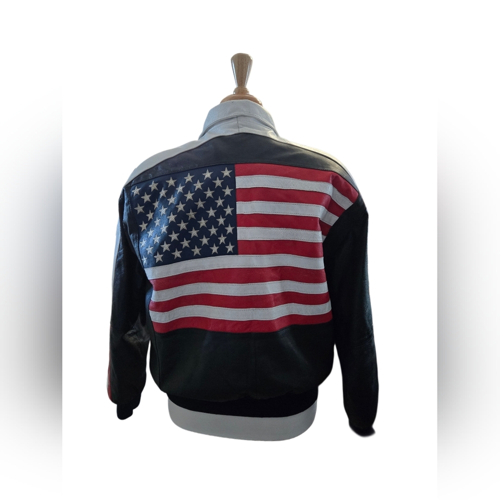 Michael Hoban Black Leather Bomber Jacket with American Flag